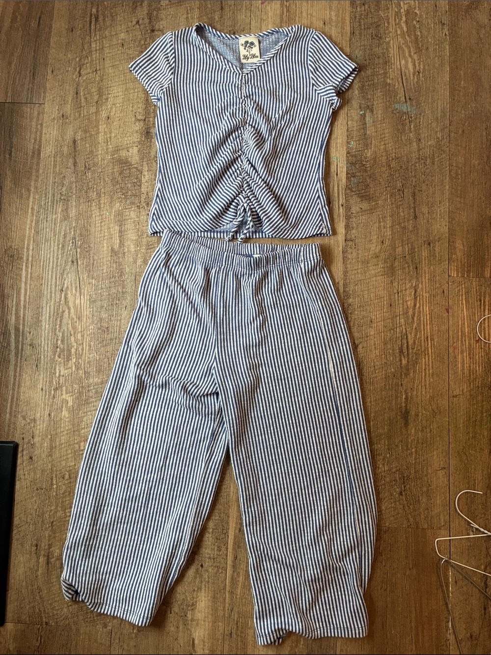 Girls Striped Blue & White Two-Piece Jumpsuit Set